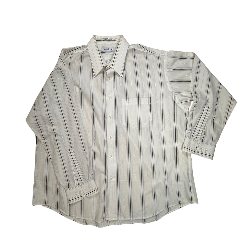 Mariscal Mens Striped Button Down Shirt Cream Black Silver Metallic 17.5 33 L XL